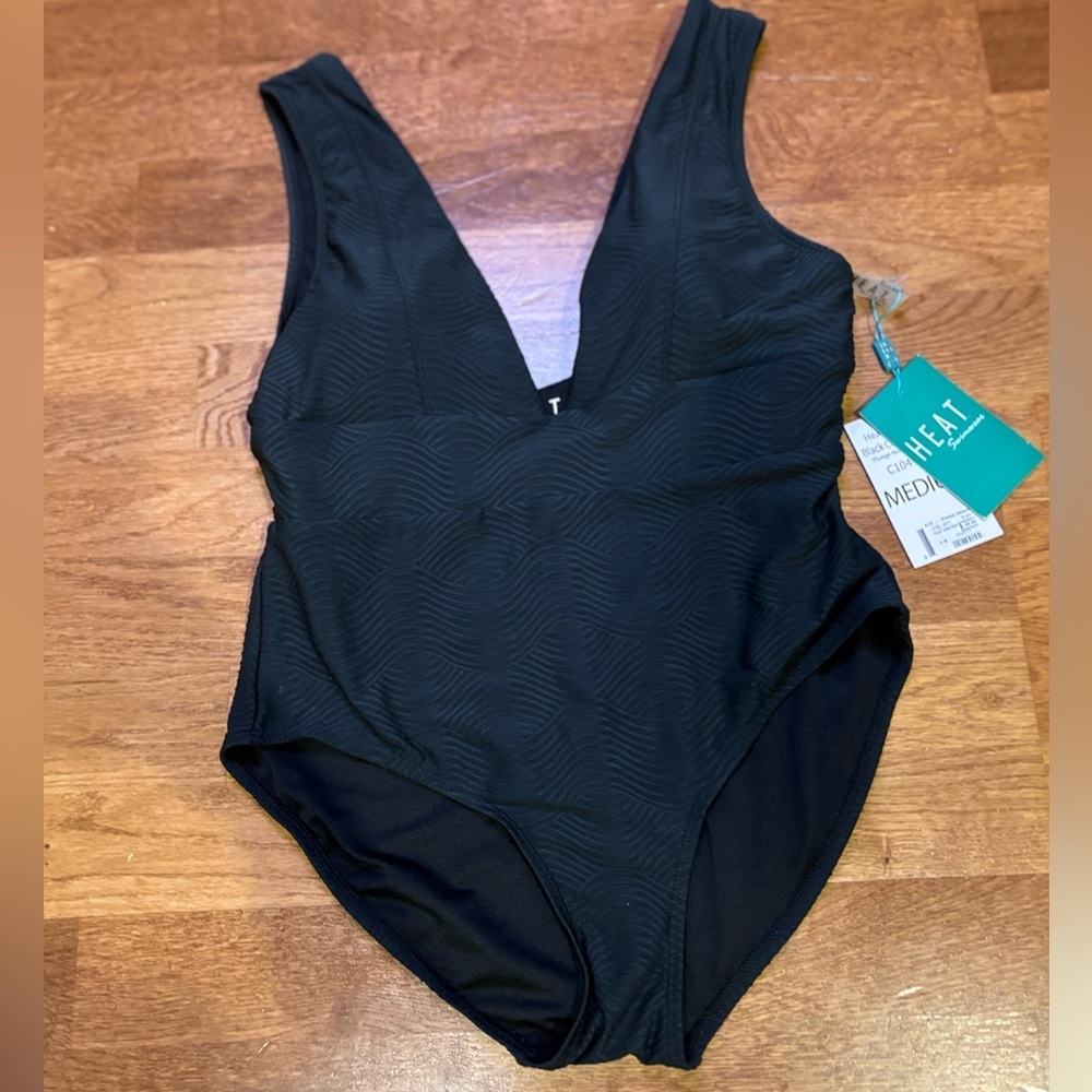 Black Textured One-Piece Swimsuit | Deep V Neck | New with Tags - Picture 2 of 9